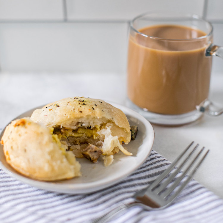 Picture of cheese, egg & chicken sausage stuffed biscuit (gf)